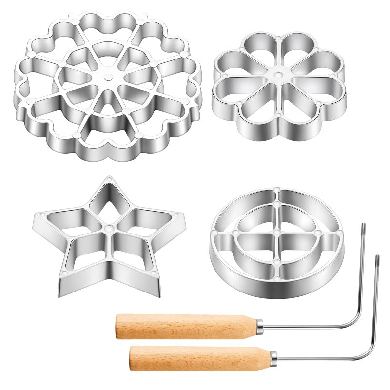 Ziliny 6 Pcs Rosette Iron Mold Set Bunuelos Mold with Handle Cooking Stamp Maker Kit Cookie Cutter Aluminum Alloy Waffle Maker with 3 Interchangeable Head Star Flower CircleWood