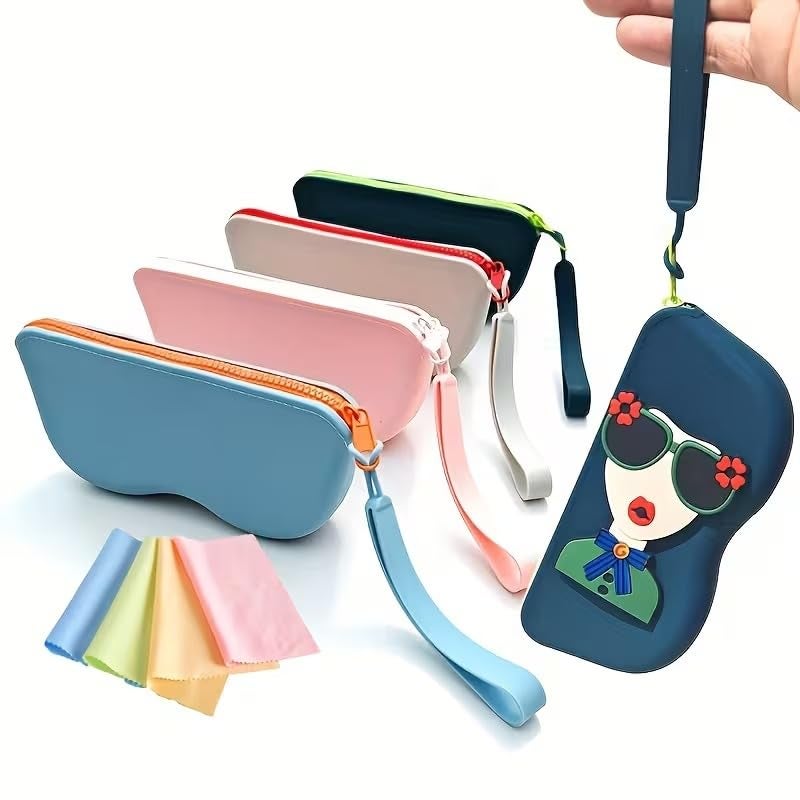 AARUX Cute Silicone Sunglass Case with Zipper & Wrist Strap – Soft Protective Glasses Holder for Women, Men & Kids | Shockproof, Waterproof Eyeglass Pouch with Cleaning Cloth | Travel & Everyday Use - Image 1