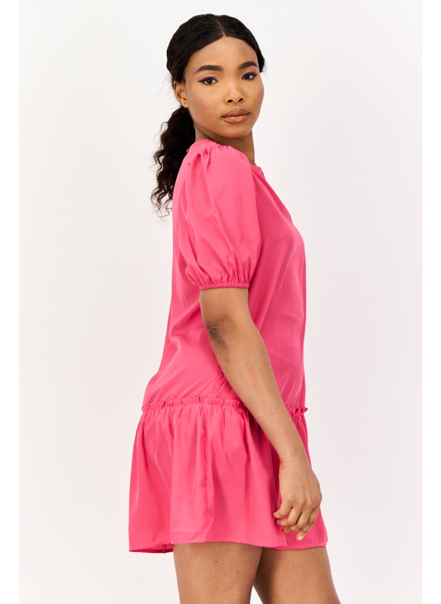 ONLY Women Solid Mini Peasant Dress, Fuchsia  - Image 2