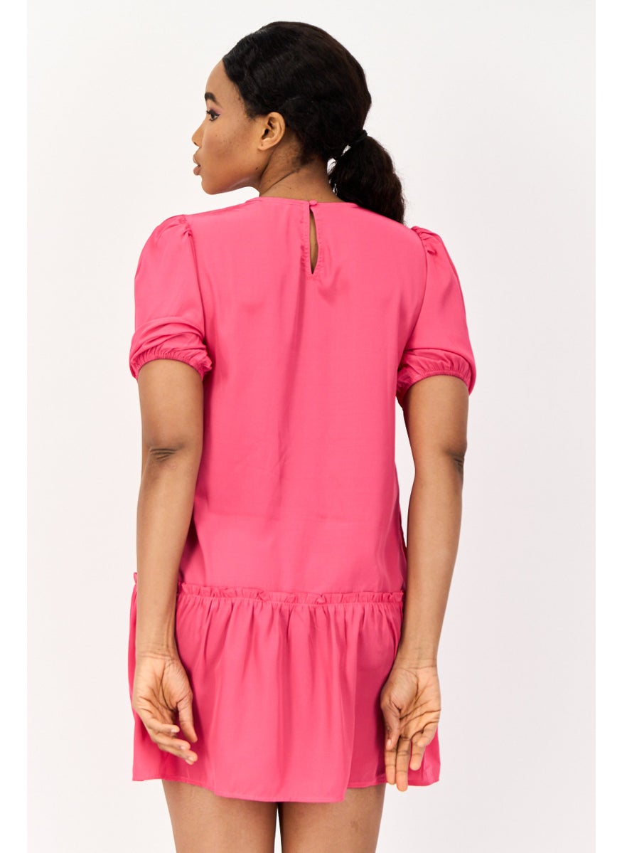 ONLY Women Solid Mini Peasant Dress, Fuchsia  - Image 3