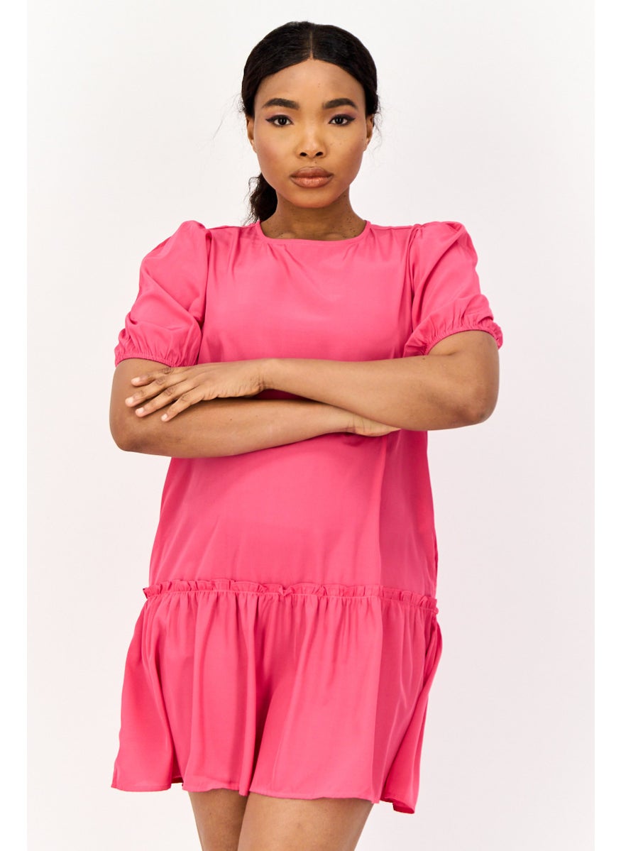 ONLY Women Solid Mini Peasant Dress, Fuchsia  - Image 1
