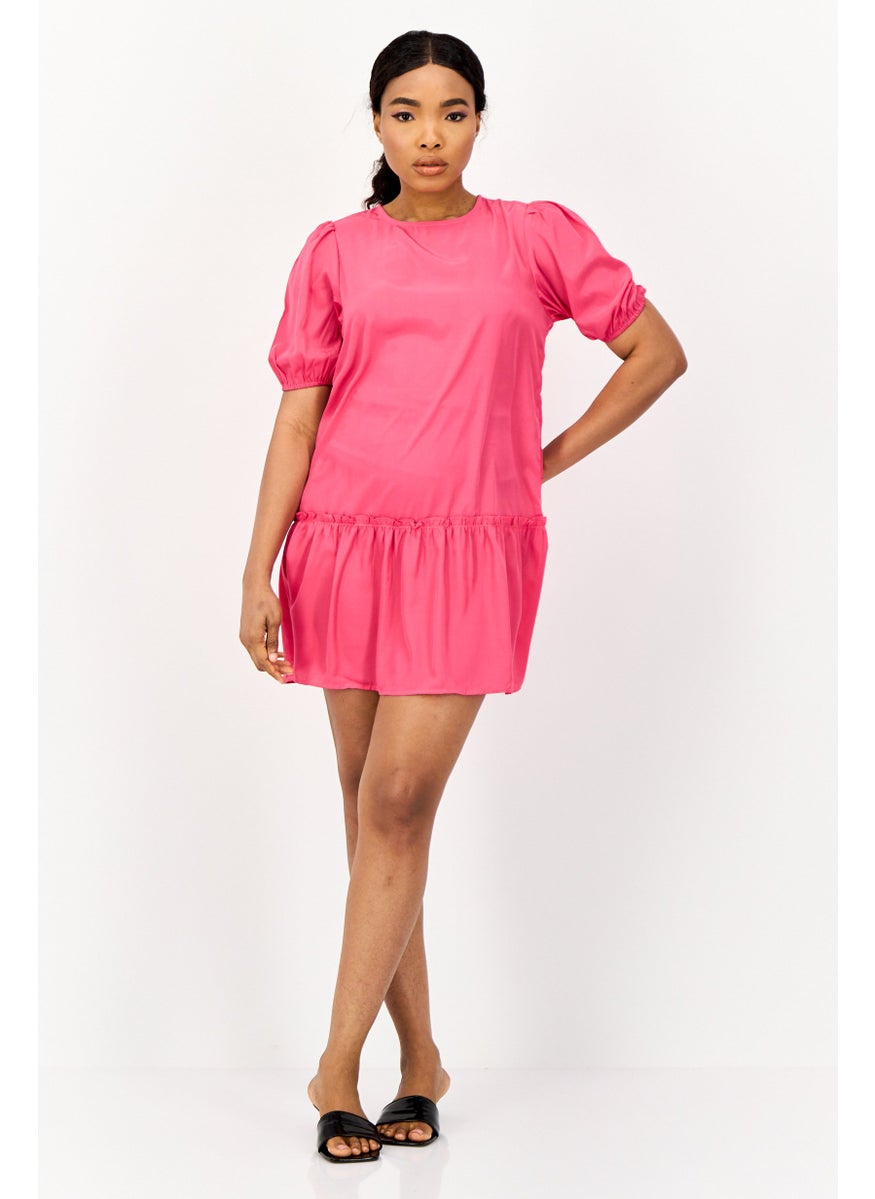 ONLY Women Solid Mini Peasant Dress, Fuchsia  - Image 4