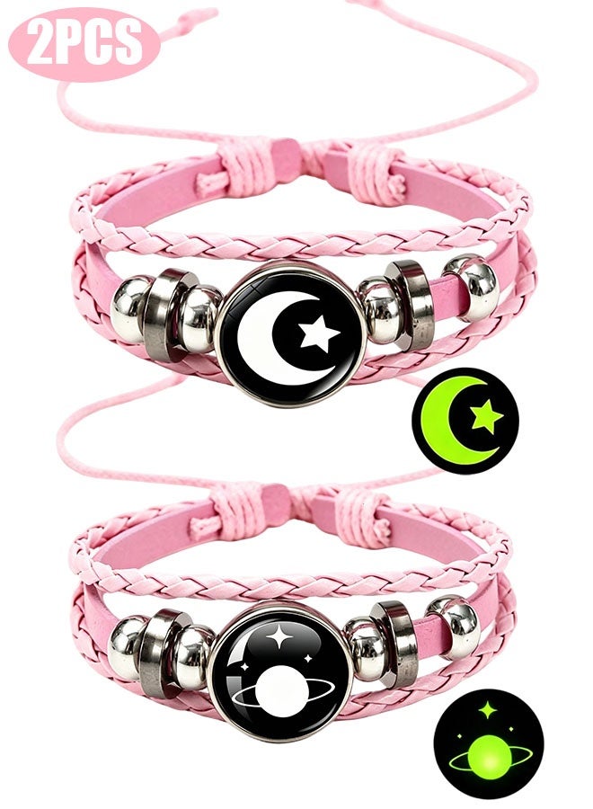 Happy D Luminous Universe and Moon Bracelet, Glow-in-the-Dark Woven Leather Accessory, Friendship Bracelet, Parent-Child Bracelet, Woven Bracelet, Gift Bracelet for Students and Couples - Image 1