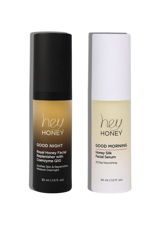 هاي هوني ثنائي صباح الخير ومساء الخير | مصل الوجه Honey Silk و Royal Honey Coenzyme Q10 | أفضل دعم للوجه ليلاً ونهارًا للحصول على بشرة متوهجة | 2 أونصة  - Image 1