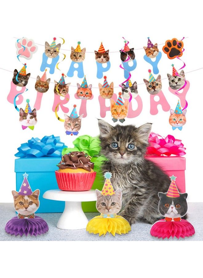 Chinco 16 Pcs Cat Theme Birthday Party Decorations Party Supplies Kit Includes Cat Party Banner With 6 Cat Hanging Cutouts 6 Hanging Swirl Decor And 3 Birthday Honeycomb For Kids Girls (Cute Style) - Image 5