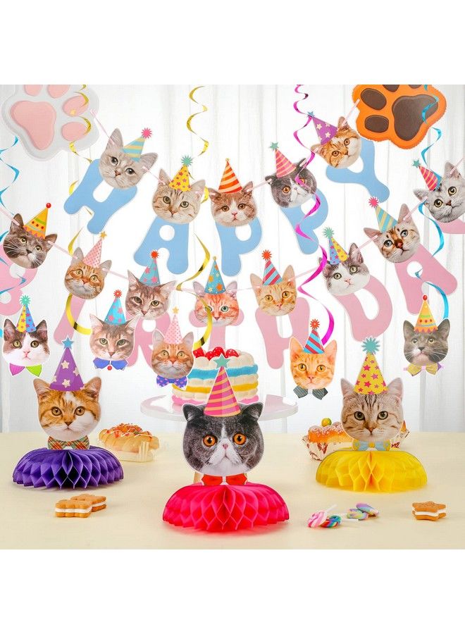 Chinco 16 Pcs Cat Theme Birthday Party Decorations Party Supplies Kit Includes Cat Party Banner With 6 Cat Hanging Cutouts 6 Hanging Swirl Decor And 3 Birthday Honeycomb For Kids Girls (Cute Style) - Image 4