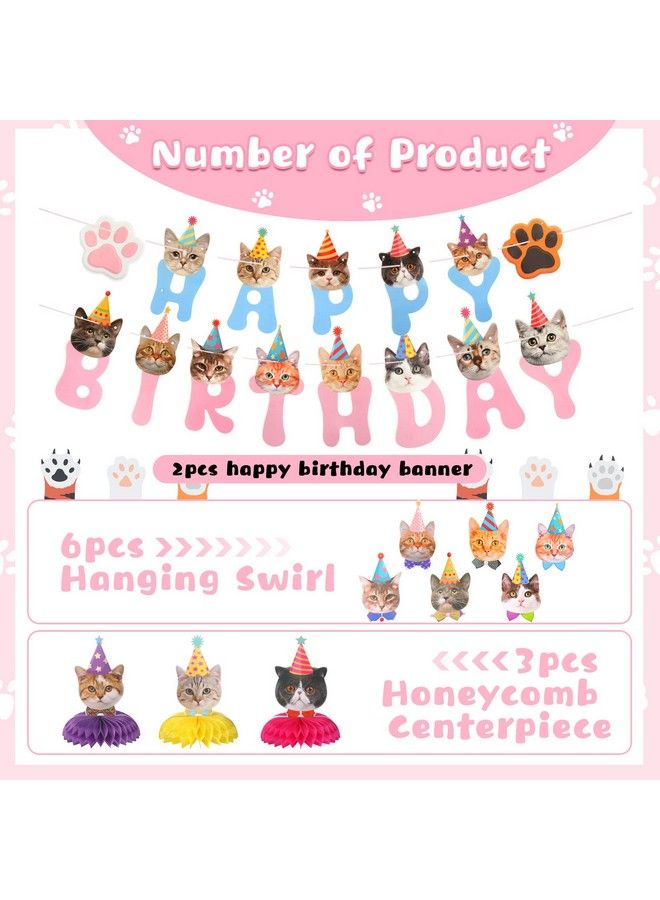 Chinco 16 Pcs Cat Theme Birthday Party Decorations Party Supplies Kit Includes Cat Party Banner With 6 Cat Hanging Cutouts 6 Hanging Swirl Decor And 3 Birthday Honeycomb For Kids Girls (Cute Style) - Image 3