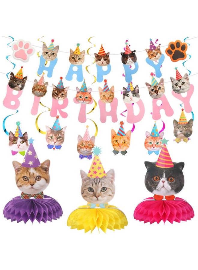 Chinco 16 Pcs Cat Theme Birthday Party Decorations Party Supplies Kit Includes Cat Party Banner With 6 Cat Hanging Cutouts 6 Hanging Swirl Decor And 3 Birthday Honeycomb For Kids Girls (Cute Style) - Image 2