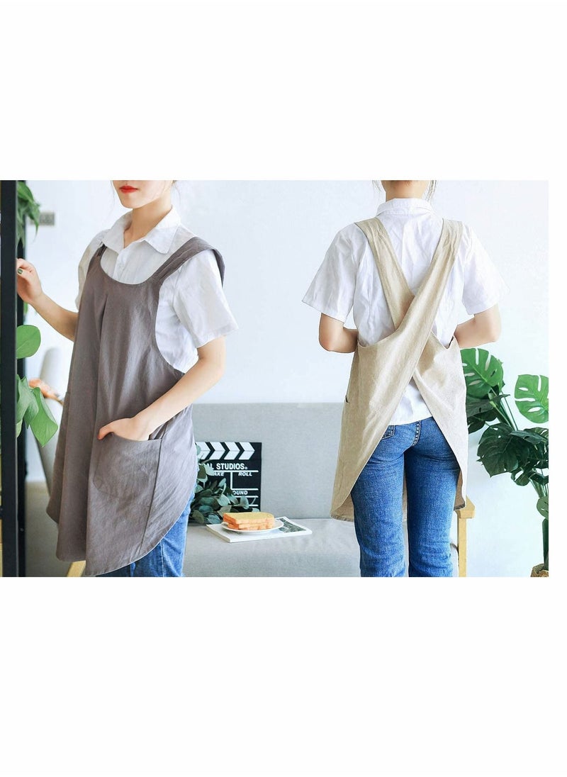 NIBEMINENT - Soft Cotton Linen Apron Cross Back X-Shaped Japanese Style Pinafore Dress for Cooking, Housewarming, Daily Chores (Grey) - Image 1