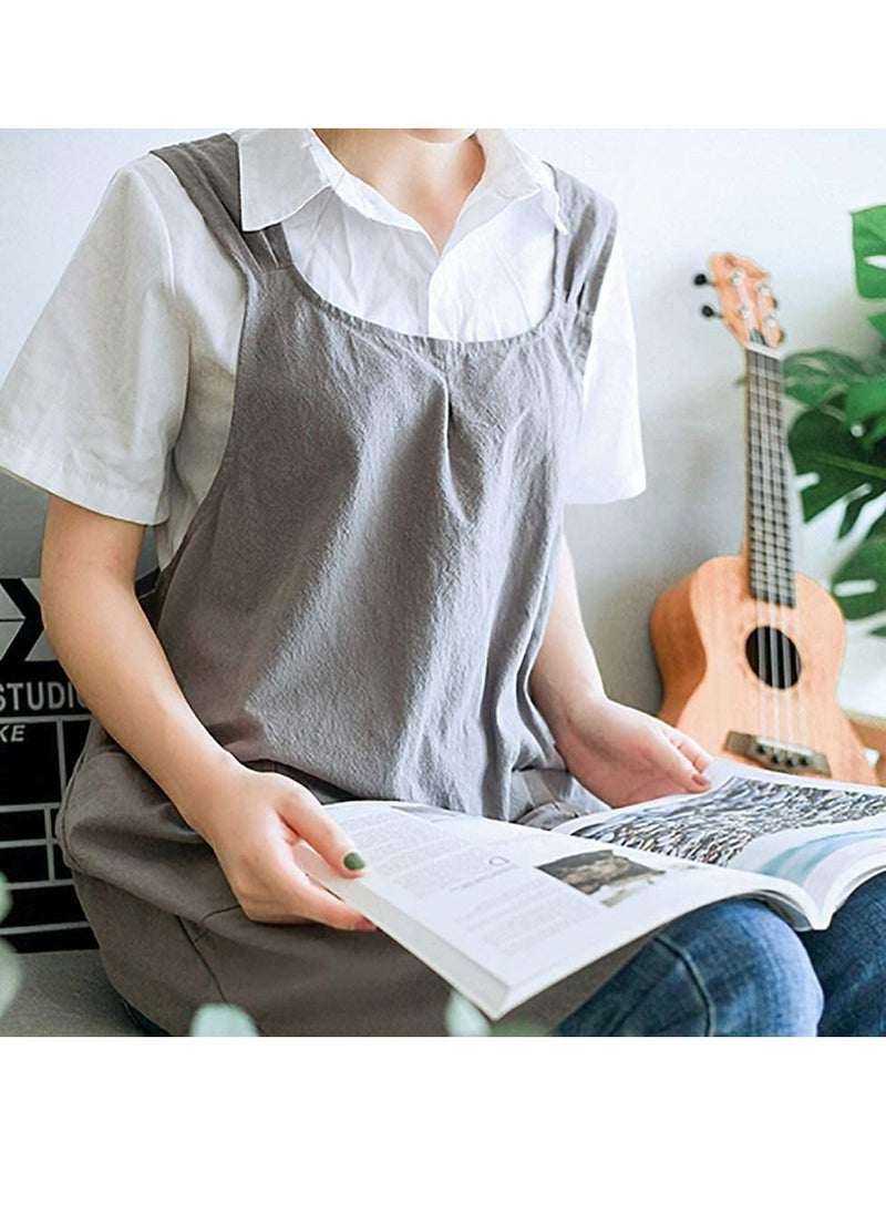 NIBEMINENT - Soft Cotton Linen Apron Cross Back X-Shaped Japanese Style Pinafore Dress for Cooking, Housewarming, Daily Chores (Grey) - Image 1