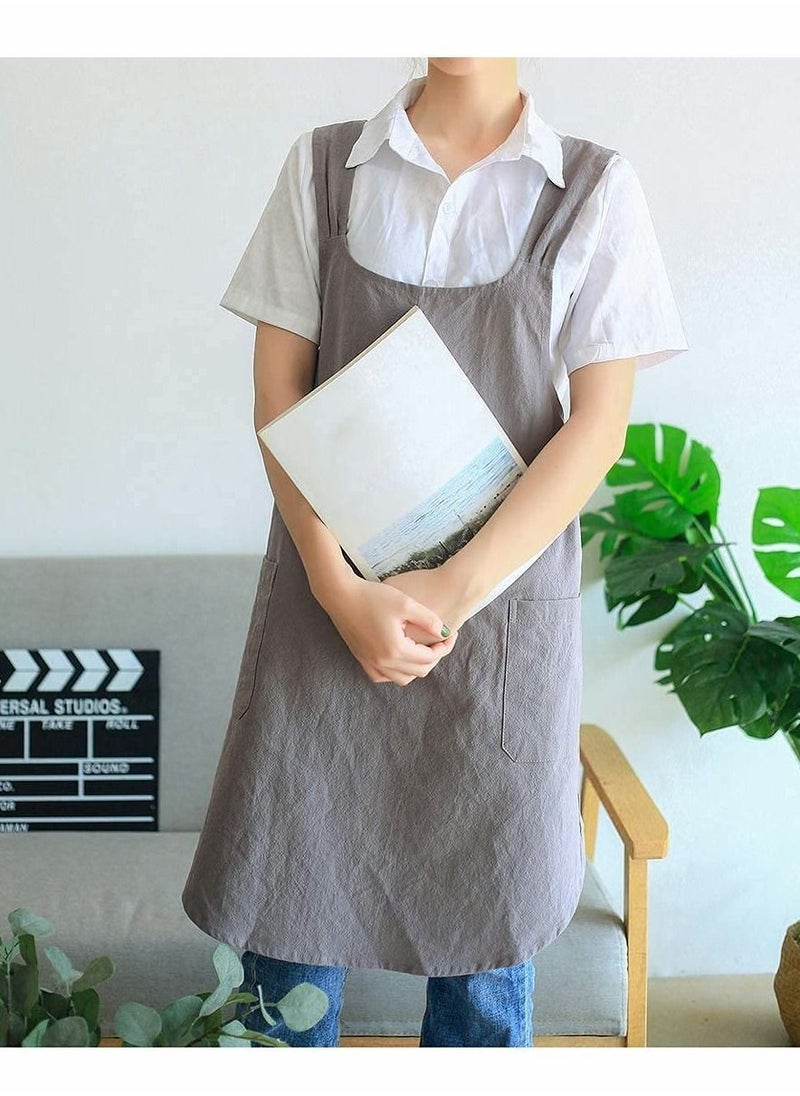 NIBEMINENT - Soft Cotton Linen Apron Cross Back X-Shaped Japanese Style Pinafore Dress for Cooking, Housewarming, Daily Chores (Grey) - Image 1