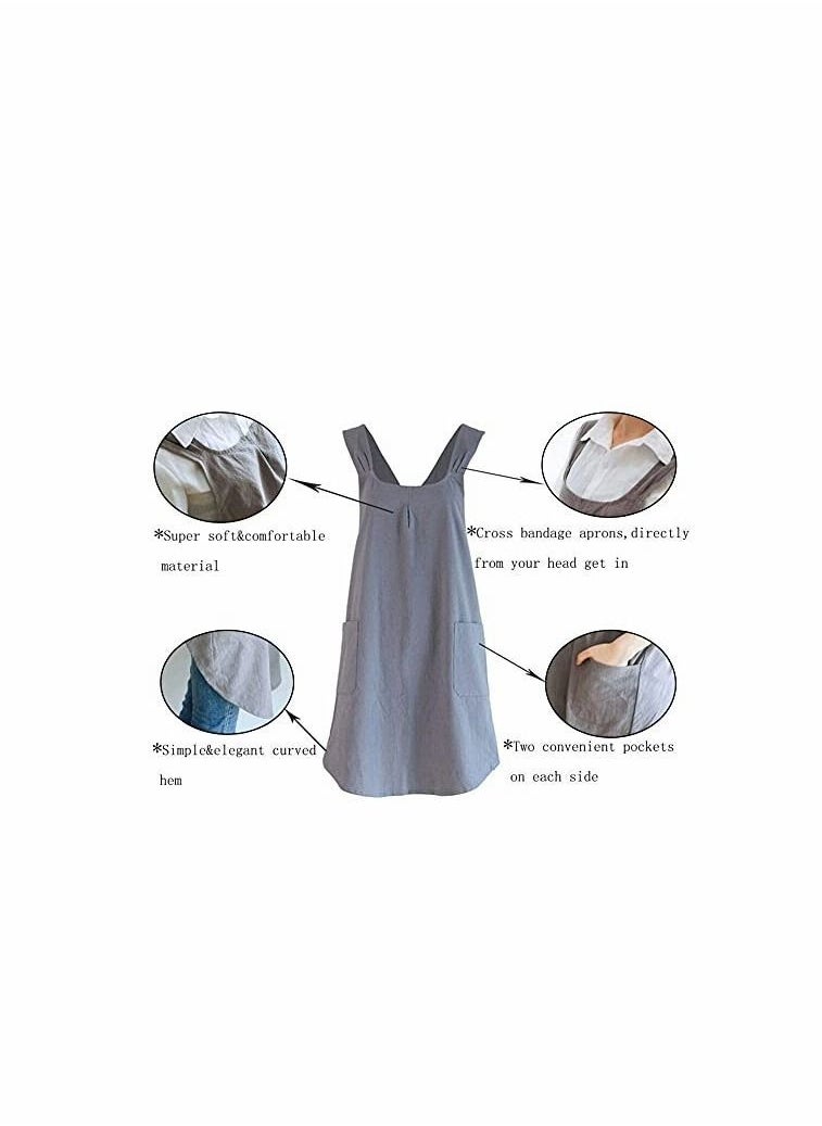 NIBEMINENT - Soft Cotton Linen Apron Cross Back X-Shaped Japanese Style Pinafore Dress for Cooking, Housewarming, Daily Chores (Grey) - Image 1