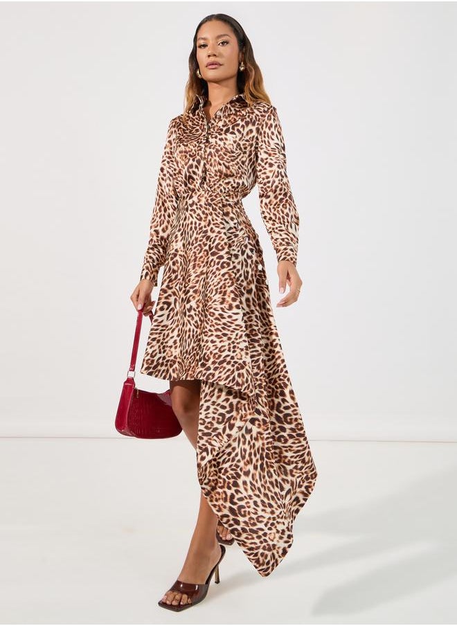 Styli - Animal Print Asymmetric Hem Shirt Knee Length Dress - Image 1