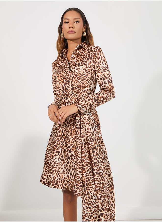 Styli - Animal Print Asymmetric Hem Shirt Knee Length Dress - Image 1