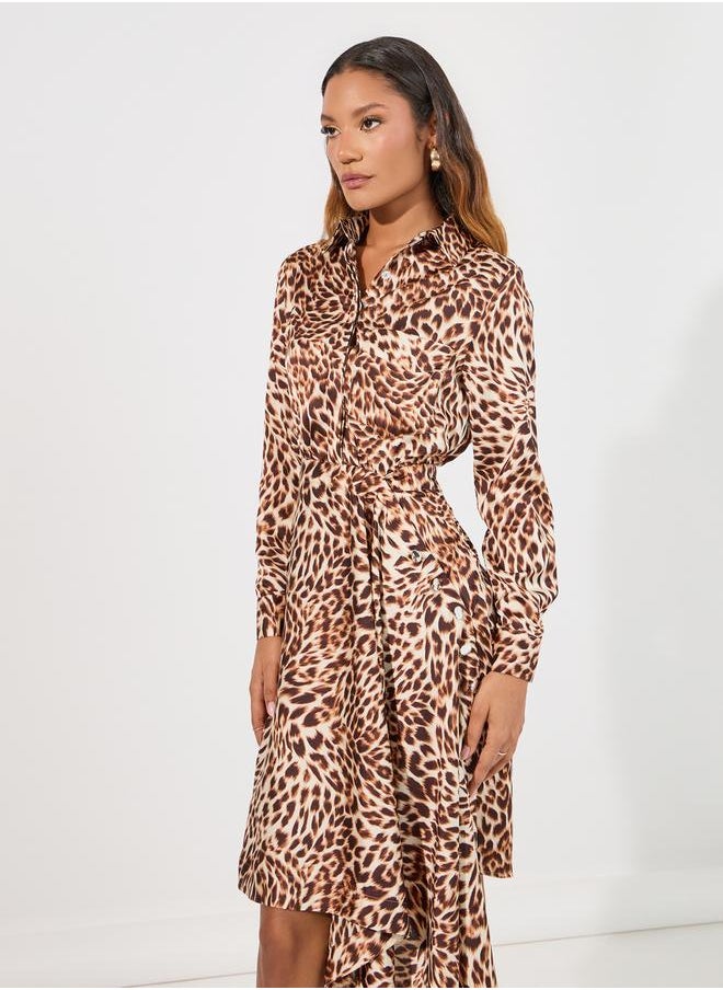 Styli - Animal Print Asymmetric Hem Shirt Knee Length Dress - Image 1