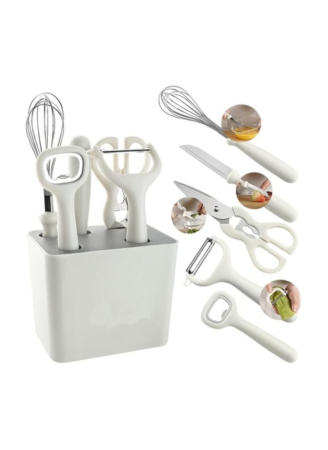 Risen 6-Piece Kitchen Gadgets Set – Includes Bottle Peeler, Opener, Whisk, Fruit Knife, Scissors, and Decorative Storage Base with Bottom Filter Screen Design (White)  - Image 1