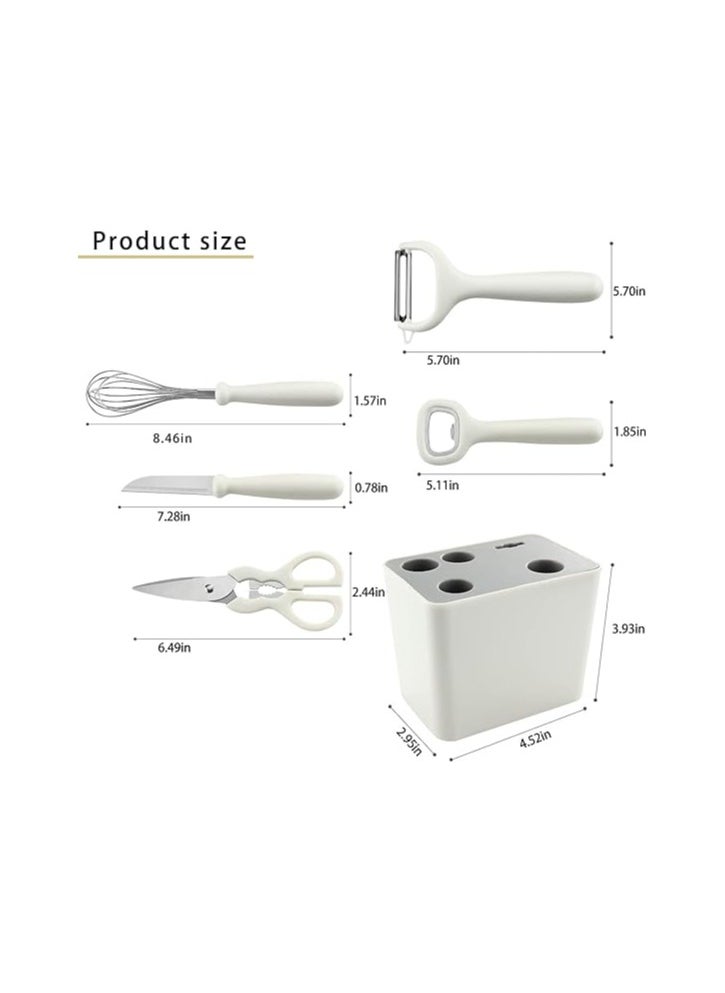 Risen 6-Piece Kitchen Gadgets Set – Includes Bottle Peeler, Opener, Whisk, Fruit Knife, Scissors, and Decorative Storage Base with Bottom Filter Screen Design (White)  - Image 2