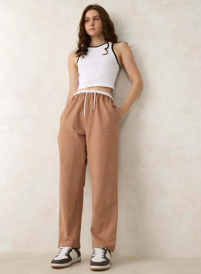 Outzidr  Brown Dual Toned Waistband Joggers for Women | Best Price UAE