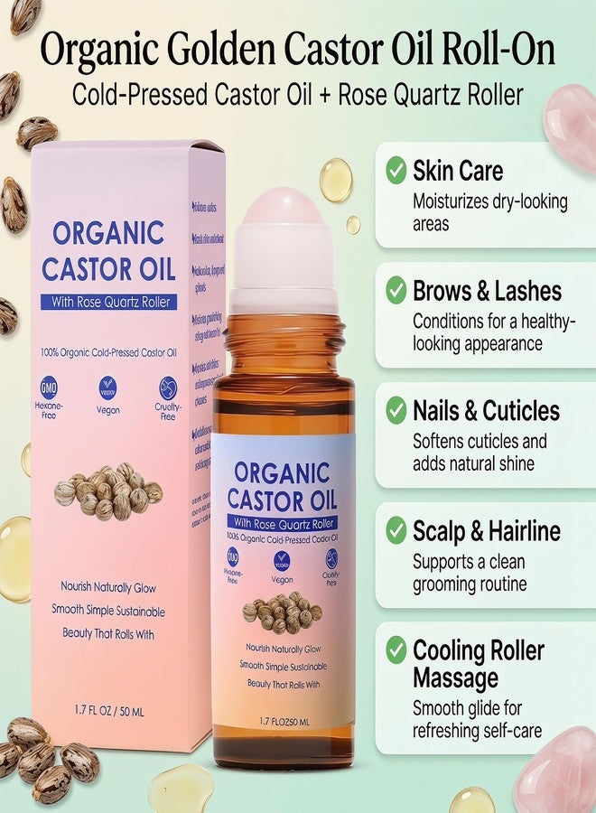 guluxly Organic Castor Oil Rose Quartz Roller Ball, Moisturizing Beauty Oil for Skin, Brows, Lashes, Cuticles, Hairline & Scalp Care Routine, Hexane-Free, Portable Nourishing Oil (2 - Image 2