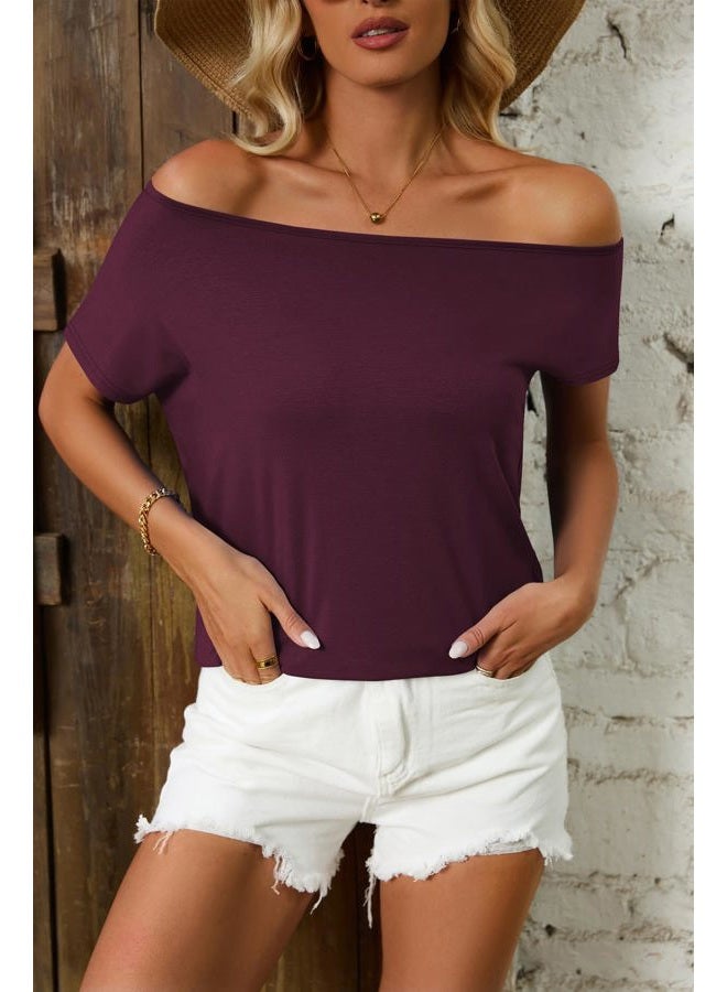 Halife Women's Casual Off The Shoulder Tops Short Sleeve T Shirts Loose Summer Blouse Shirt, Wine Red, M - Image 2