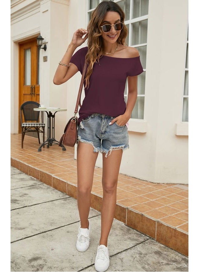 Halife Women's Casual Off The Shoulder Tops Short Sleeve T Shirts Loose Summer Blouse Shirt, Wine Red, M - Image 4