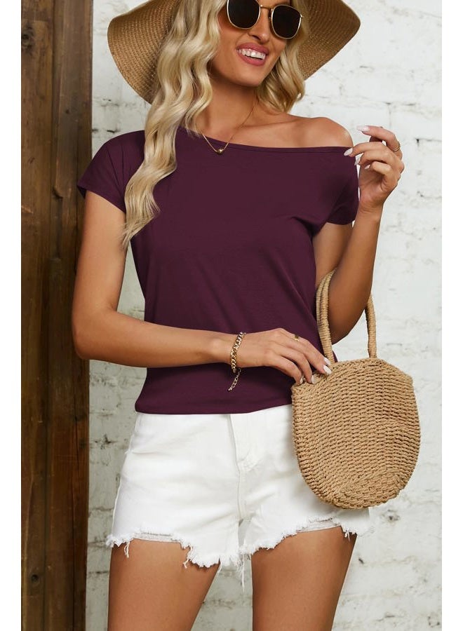 Halife Women's Casual Off The Shoulder Tops Short Sleeve T Shirts Loose Summer Blouse Shirt, Wine Red, M - Image 3