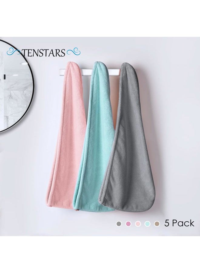 TENSTARS - 5 Pack Thicken Microfiber Hair Towel Wrap for Women - Elastic Loop Design - 320GSM Coral Velvet - Quick Dry Hair Turban - 11x28 Inch (Grey+Pink+Brown+FrozenBlue+FrozenBerry) - Image 1