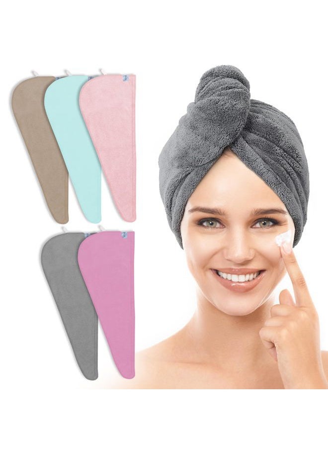 TENSTARS - 5 Pack Thicken Microfiber Hair Towel Wrap for Women - Elastic Loop Design - 320GSM Coral Velvet - Quick Dry Hair Turban - 11x28 Inch (Grey+Pink+Brown+FrozenBlue+FrozenBerry) - Image 1