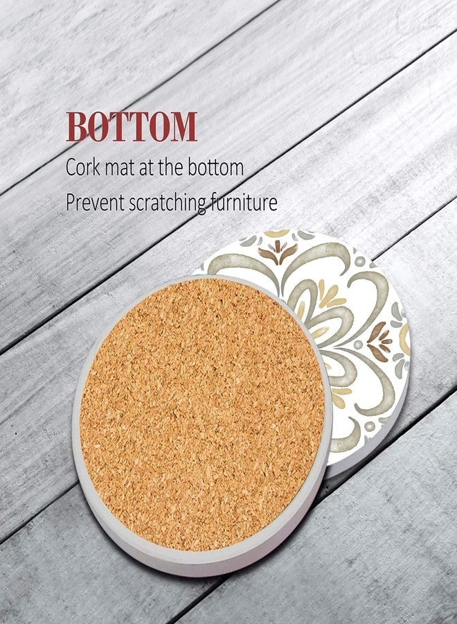 Bribay Coaster for Drinks Set of 6, Ceramic Gray Turkish Moroccan Talavera Absorbent Round Ceramic Stone Mat, with Cork Base and Metal Holder, Gift for Housewarming Room Bar Decor - Image 2