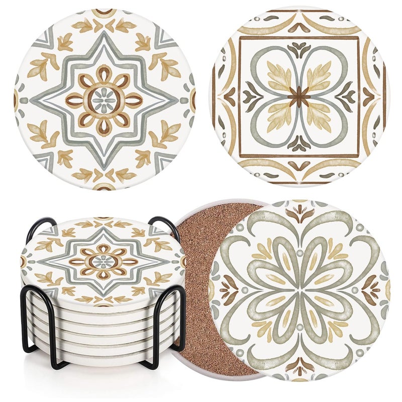 Bribay Coaster for Drinks Set of 6, Ceramic Gray Turkish Moroccan Talavera Absorbent Round Ceramic Stone Mat, with Cork Base and Metal Holder, Gift for Housewarming Room Bar Decor - Image 1