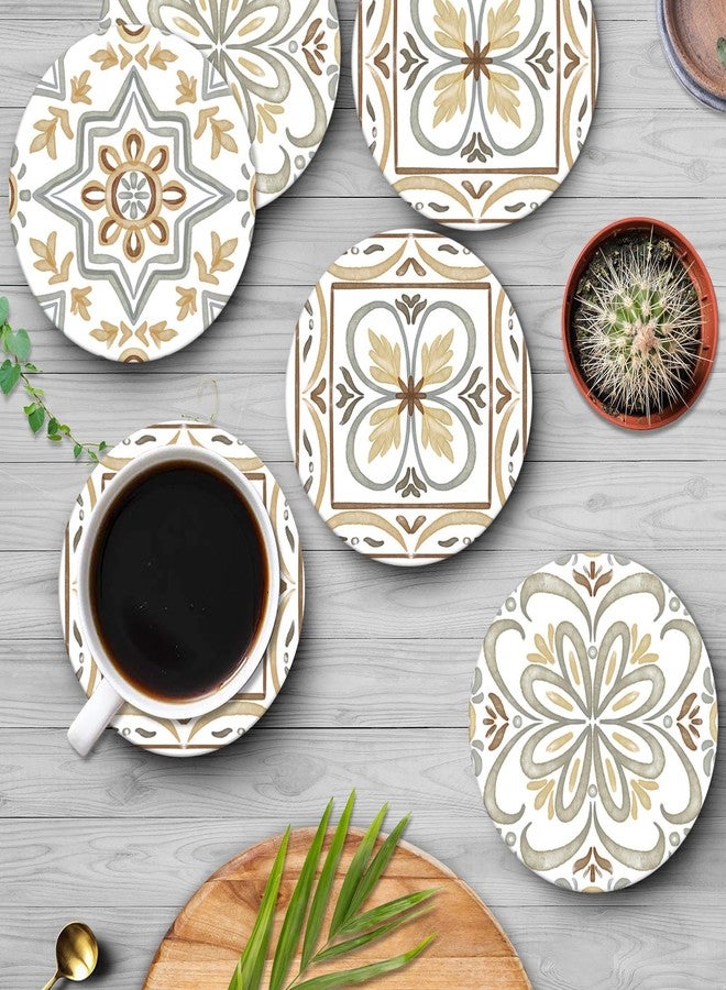 Bribay Coaster for Drinks Set of 6, Ceramic Gray Turkish Moroccan Talavera Absorbent Round Ceramic Stone Mat, with Cork Base and Metal Holder, Gift for Housewarming Room Bar Decor - Image 5