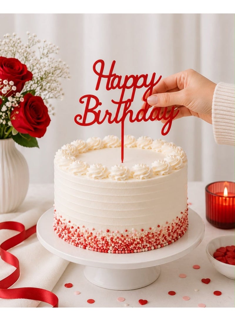 Happy Birthday Cake Topper, Cursive Script, Red, 15x13cm | Premium Home Decor UAE - Image 2