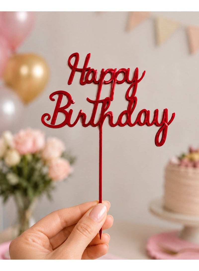 Happy Birthday Cake Topper, Cursive Script, Red, 15x13cm | Premium Home Decor UAE - Image 3
