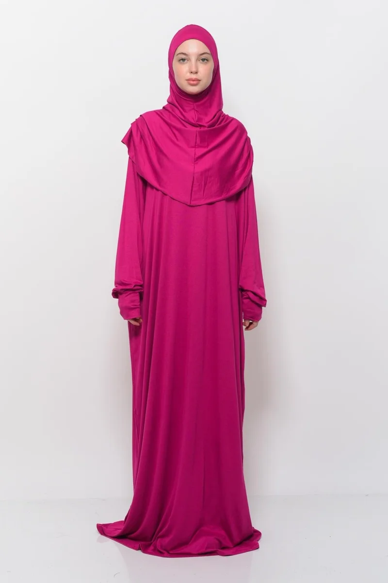 Altobeh Practical One Piece Cotton Bat Sleeves Removable Organic Hijab Prayer Dress with Headscarf - Fuchsia