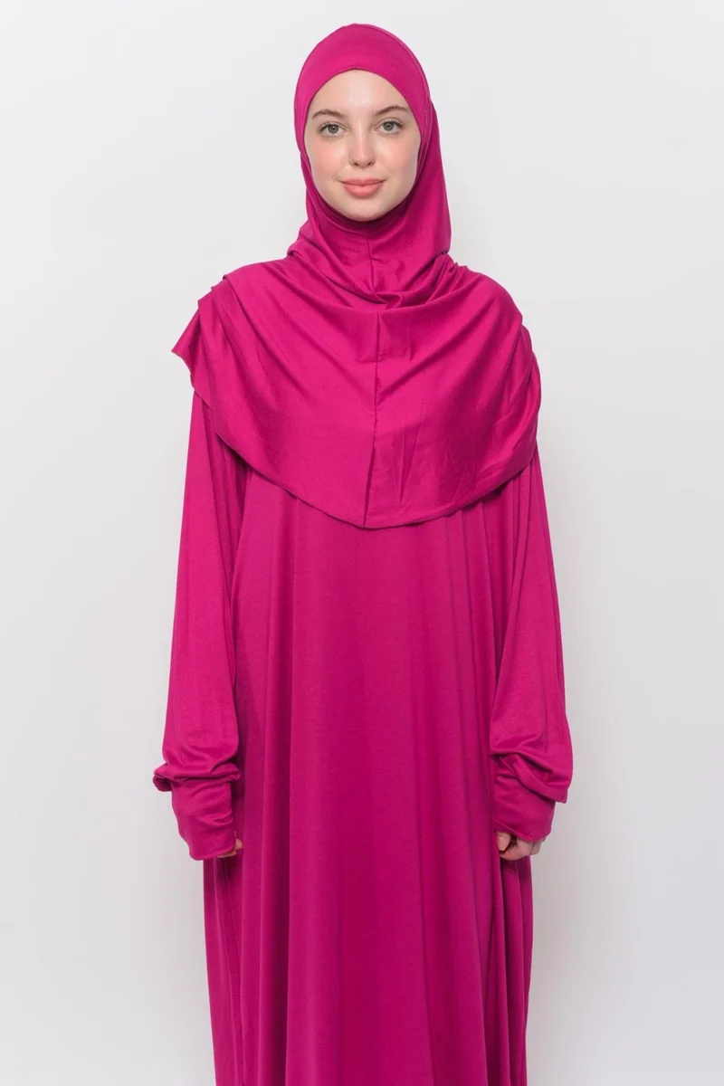 Altobeh Practical One Piece Cotton Bat Sleeves Removable Organic Hijab Prayer Dress with Headscarf - Fuchsia