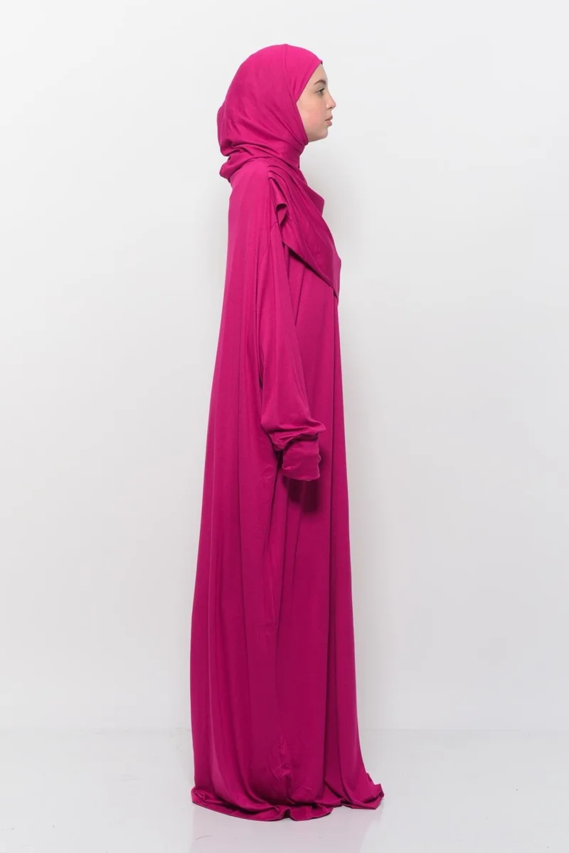 Altobeh Practical One Piece Cotton Bat Sleeves Removable Organic Hijab Prayer Dress with Headscarf - Fuchsia