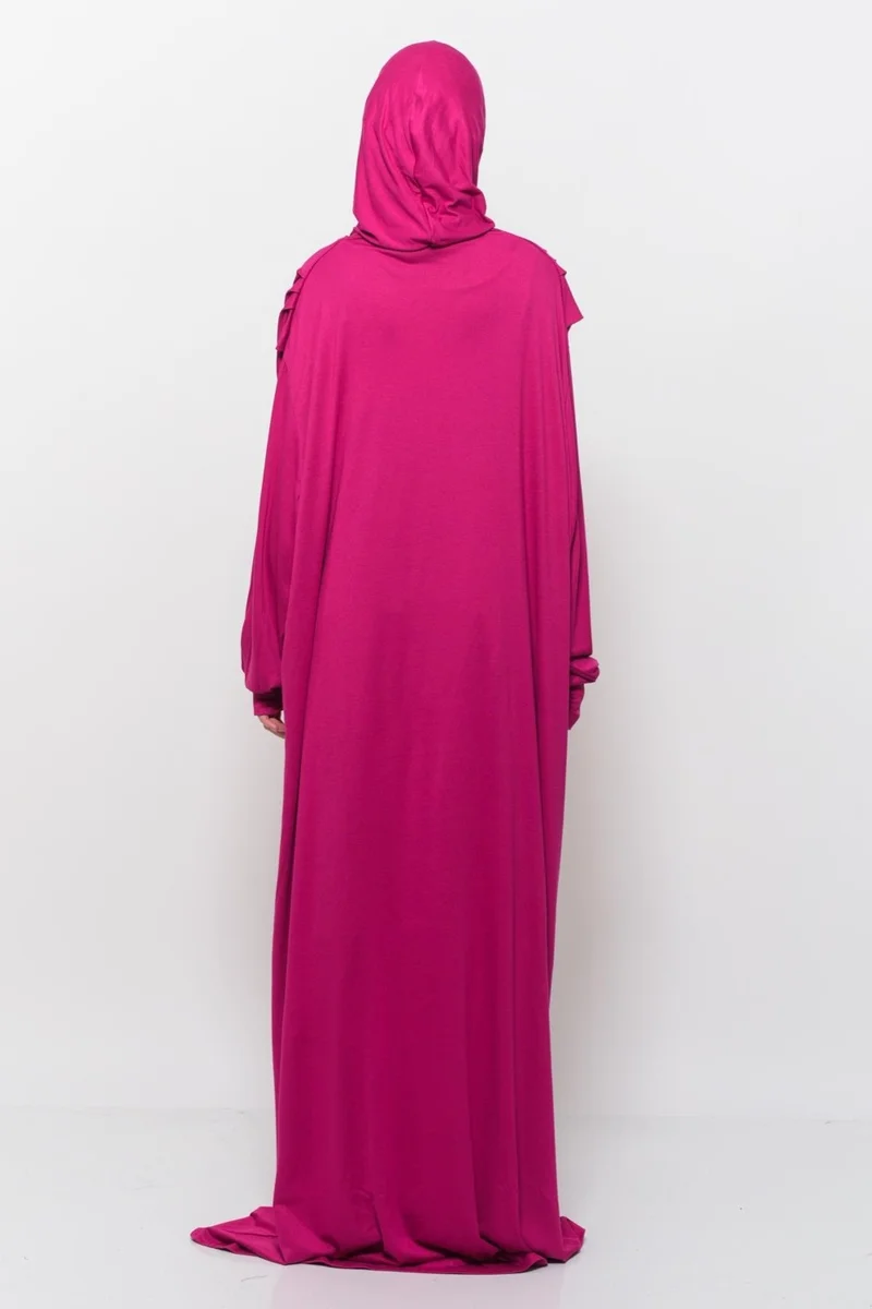 Altobeh Practical One Piece Cotton Bat Sleeves Removable Organic Hijab Prayer Dress with Headscarf - Fuchsia