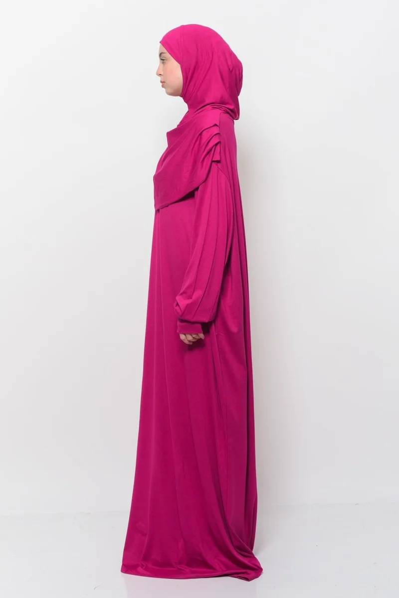 Altobeh Practical One Piece Cotton Bat Sleeves Removable Organic Hijab Prayer Dress with Headscarf - Fuchsia