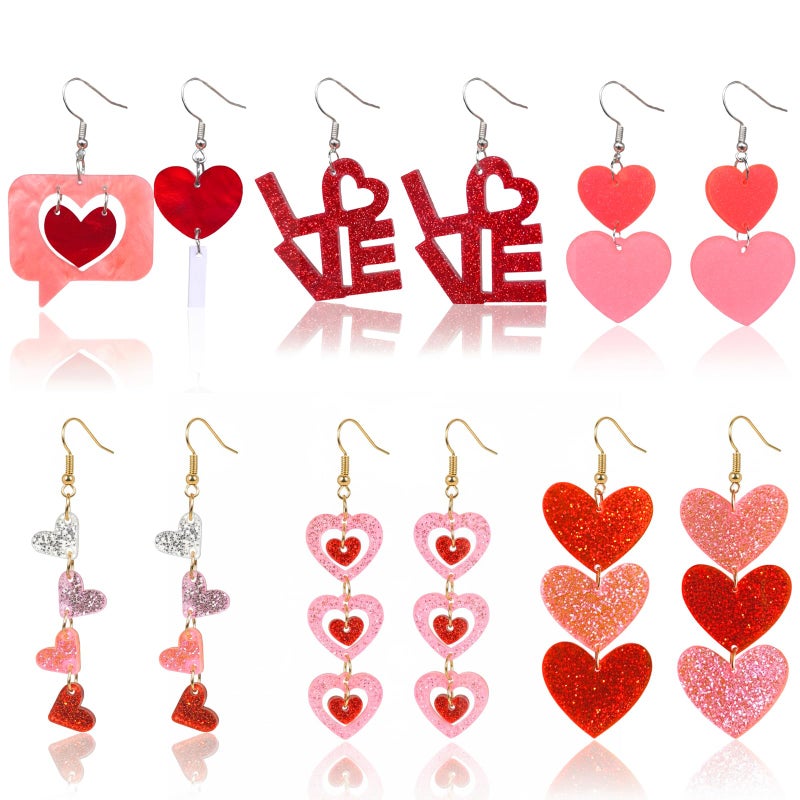 MIRJXB Valentines Earrings, 6 Pairs Heart Jewelry Set for Women, Romantic Red Love Heart Dangle Earrings for Valentine's Day, Wedding Gift, Anniversary Celebration, Casual Outings - Image 1