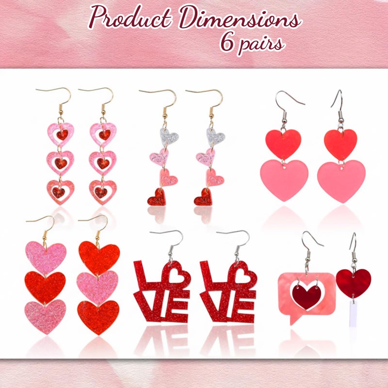 MIRJXB Valentines Earrings, 6 Pairs Heart Jewelry Set for Women, Romantic Red Love Heart Dangle Earrings for Valentine's Day, Wedding Gift, Anniversary Celebration, Casual Outings - Image 2
