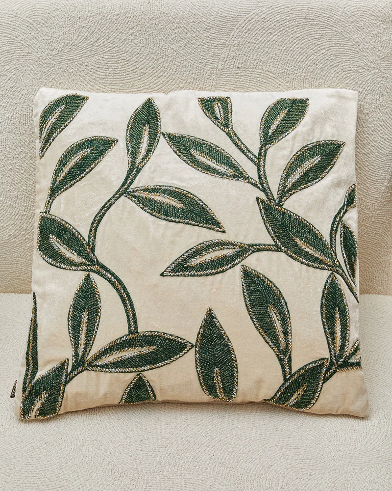 REDTAG Cream And Green Leaves Beaded Velvet Cushion