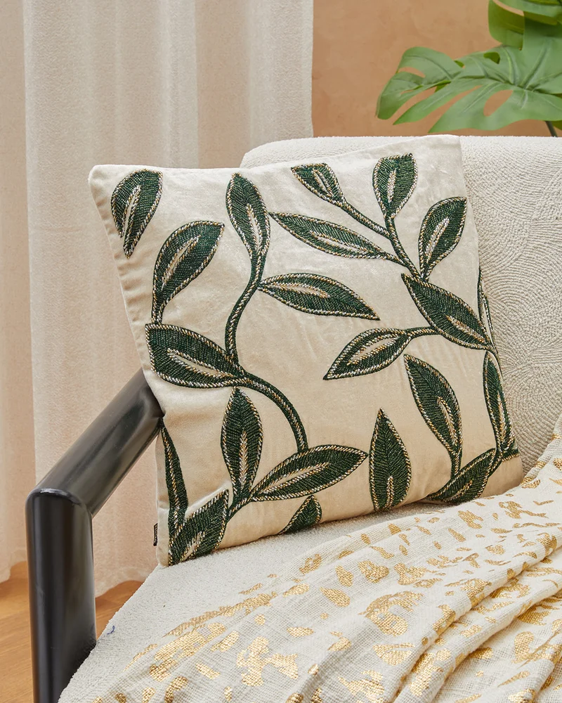 REDTAG Cream And Green Leaves Beaded Velvet Cushion