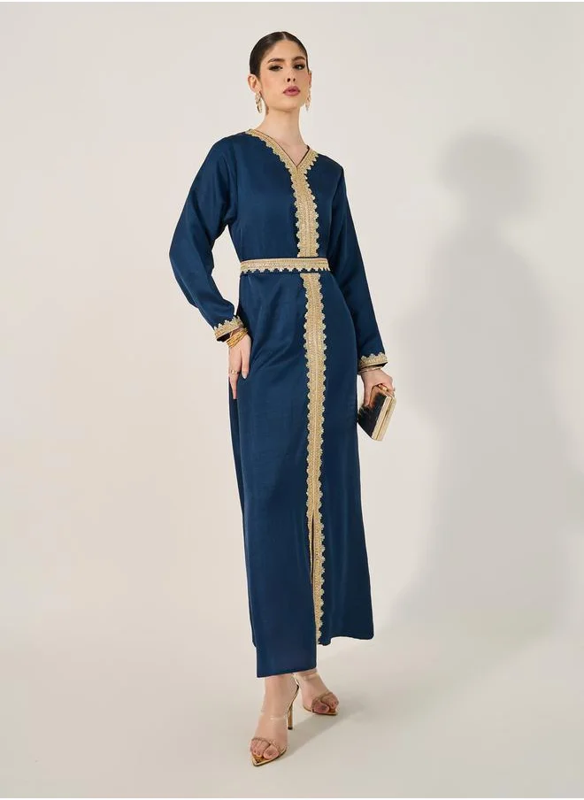 ستايلي Lace Detail V-Neck A-Line Belted Kaftan