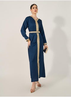 Styli Lace Detail V-Neck A-Line Belted Kaftan  - Image 2
