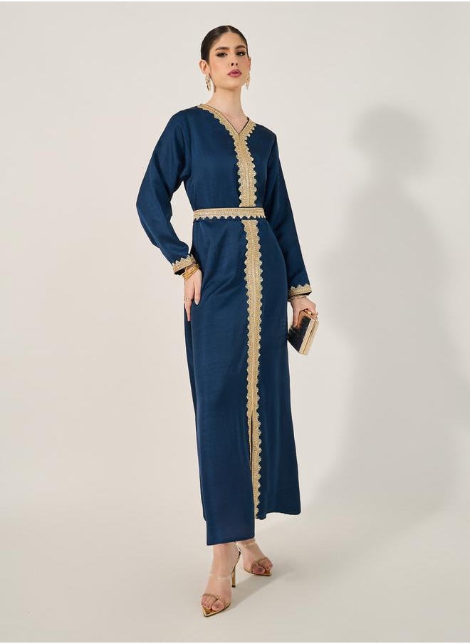 Styli Lace Detail V-Neck A-Line Belted Kaftan  - Image 2
