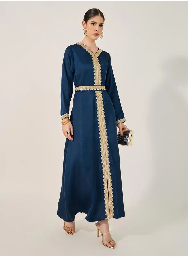 ستايلي Lace Detail V-Neck A-Line Belted Kaftan