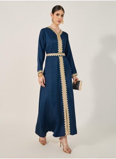 Styli Lace Detail V-Neck A-Line Belted Kaftan  - Image 1