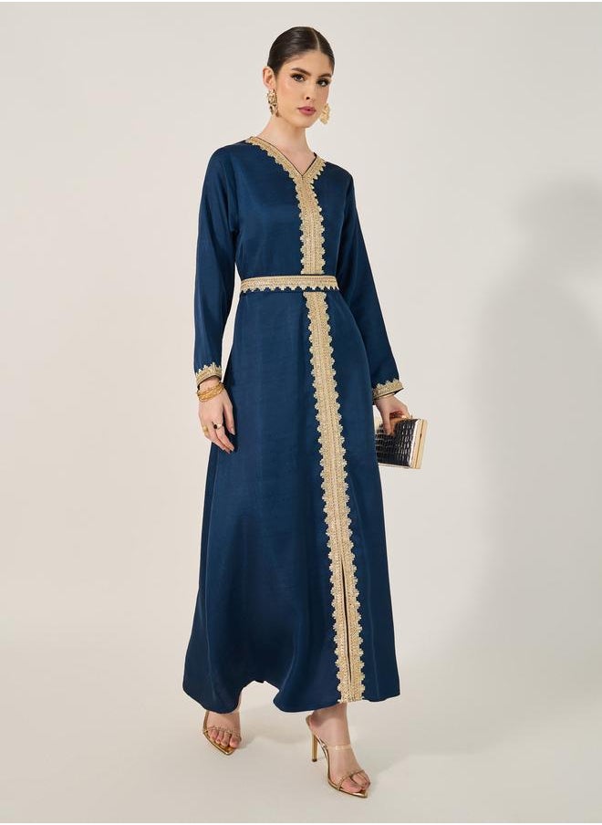 Styli Lace Detail V-Neck A-Line Belted Kaftan  - Image 1