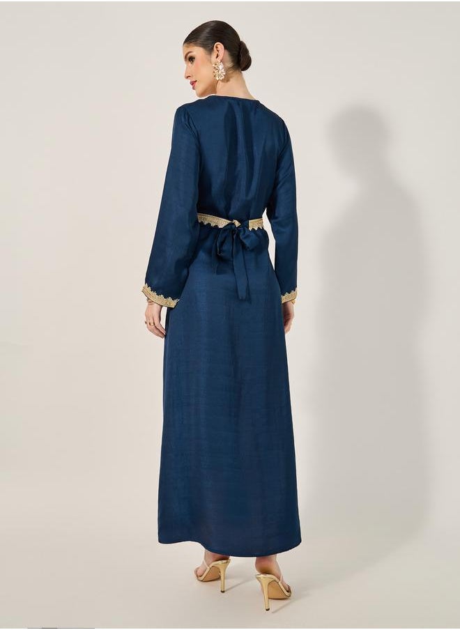 Styli Lace Detail V-Neck A-Line Belted Kaftan  - Image 5