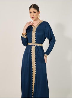 Styli Lace Detail V-Neck A-Line Belted Kaftan  - Image 3
